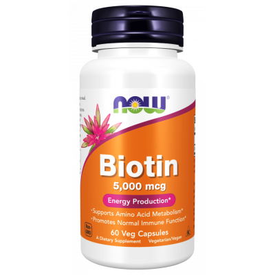 NOW BIOTIN 5000 MCG SUPPORTS ENERGY PRODUCTION, HEALTHY IMMUNE SYSTEM, HAIR, SKIN & NAILS  60 VEG CAPSULES